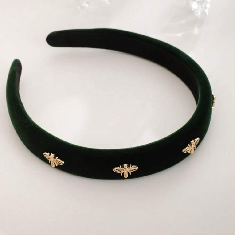 Elegant Green Velvet Headband with Gold Bee Accents - Picture 3 of 11